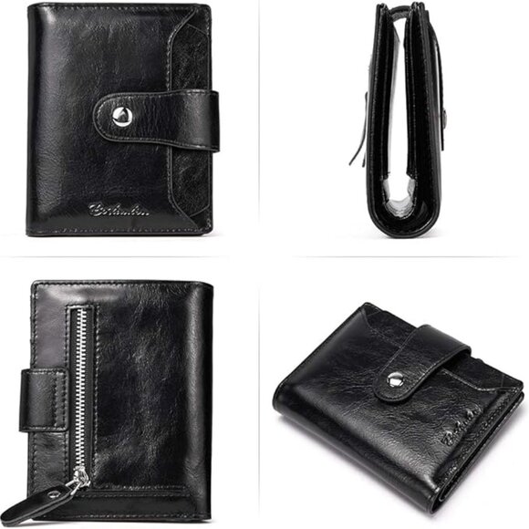 BOSTANTEN Women Leather RFID Blocking Small Bifold Zipper Pocket Wallet - Black - Picture 2 of 11